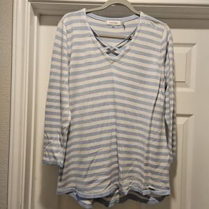Calvin Klein Blue White Striped Criss Cross V-Neck Top L – Casual Knit Tunic